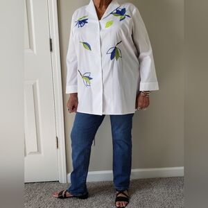 Misook White Button-Down Blouse w/Blue and Green Embroidered Flowers, Size XL